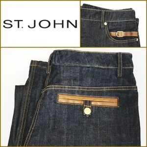 ST. JOHN SPORT Dark Wash Denim Jeans w/ Tan Leather Trim 12.